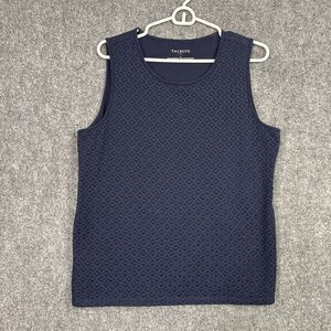 Talbots Top Blouse  Womens L Blue Cotton Tank Crochet Overlay